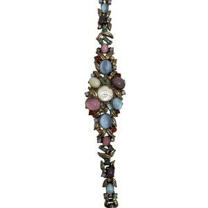 Pedre Vintage 17-Jewel Watch Bracelet With Colorful Cabochons & Gold-Tone Metal
